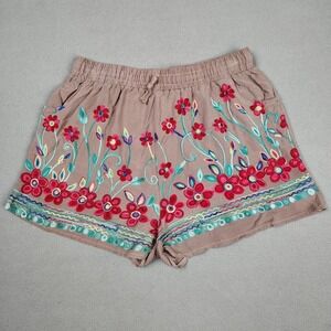Floral Embroidered Casual Shorts Women Large XL Brown Red Pull On Festival Boho